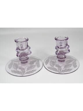 Antique Tiffin Franciscan Juno Sun Purple Glass Candlestick Holders Etched Poppy